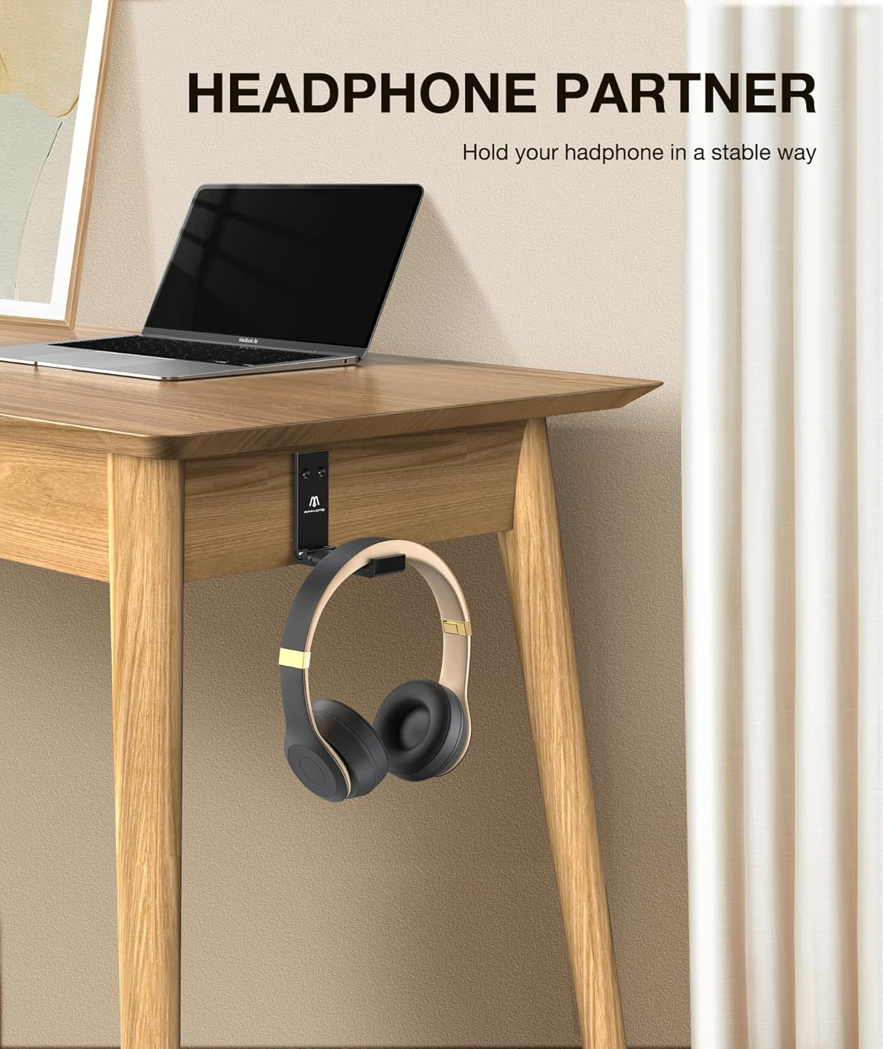 Foldable Aluminum Headphone Stand and Headset Holder Mount with No-Scratch Silicone Pad, Under Desk Wall Hook, Strong Adhesive Gaming Headset Hanger for PC, Home, and Office