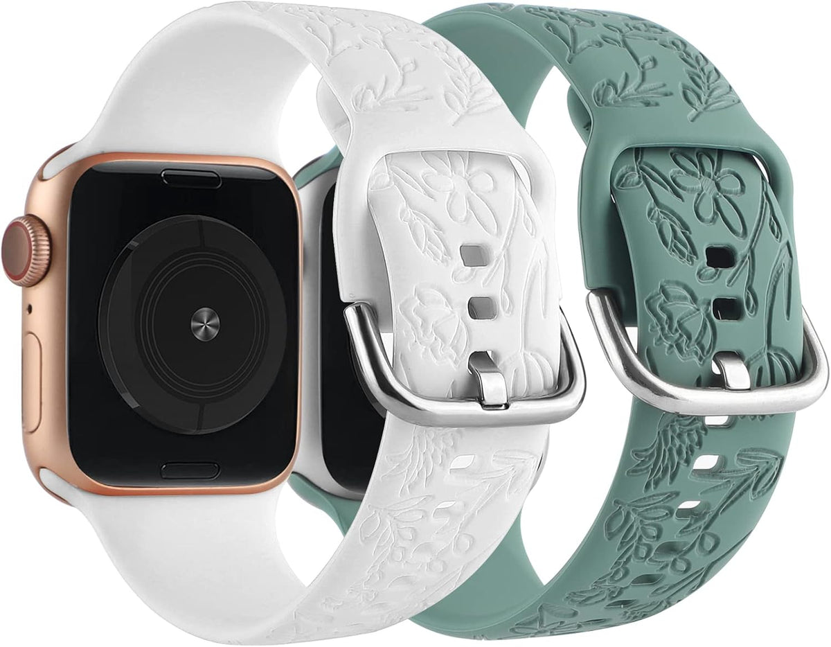 Set of 2 Floral Engraved Sport Bands for Apple Watch (38mm, 40mm, 41mm) | Women's Soft Silicone Replacement Wristbands for Series 1-11 and SE