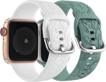 Set of 2 Floral Engraved Sport Bands for Apple Watch (38mm, 40mm, 41mm) | Women's Soft Silicone Replacement Wristbands for Series 1-11 and SE