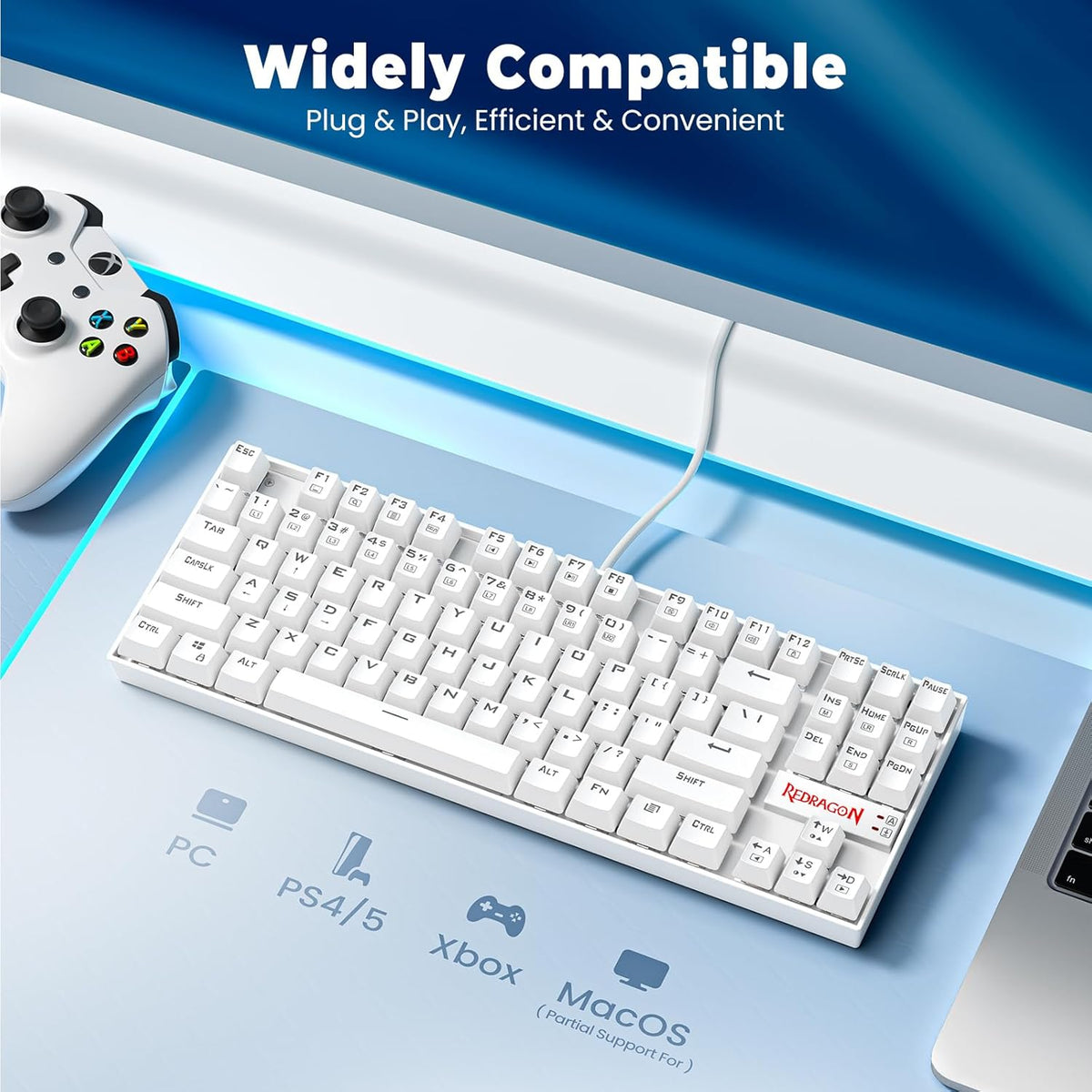 K552P TKL Mechanical Gaming Keyboard - 18 Backlight Modes, Hot-Swappable Blue Switches, 87-Key Compact Ergonomic Design, N-Key Rollover, and Software Programmable Macros - RGB, White