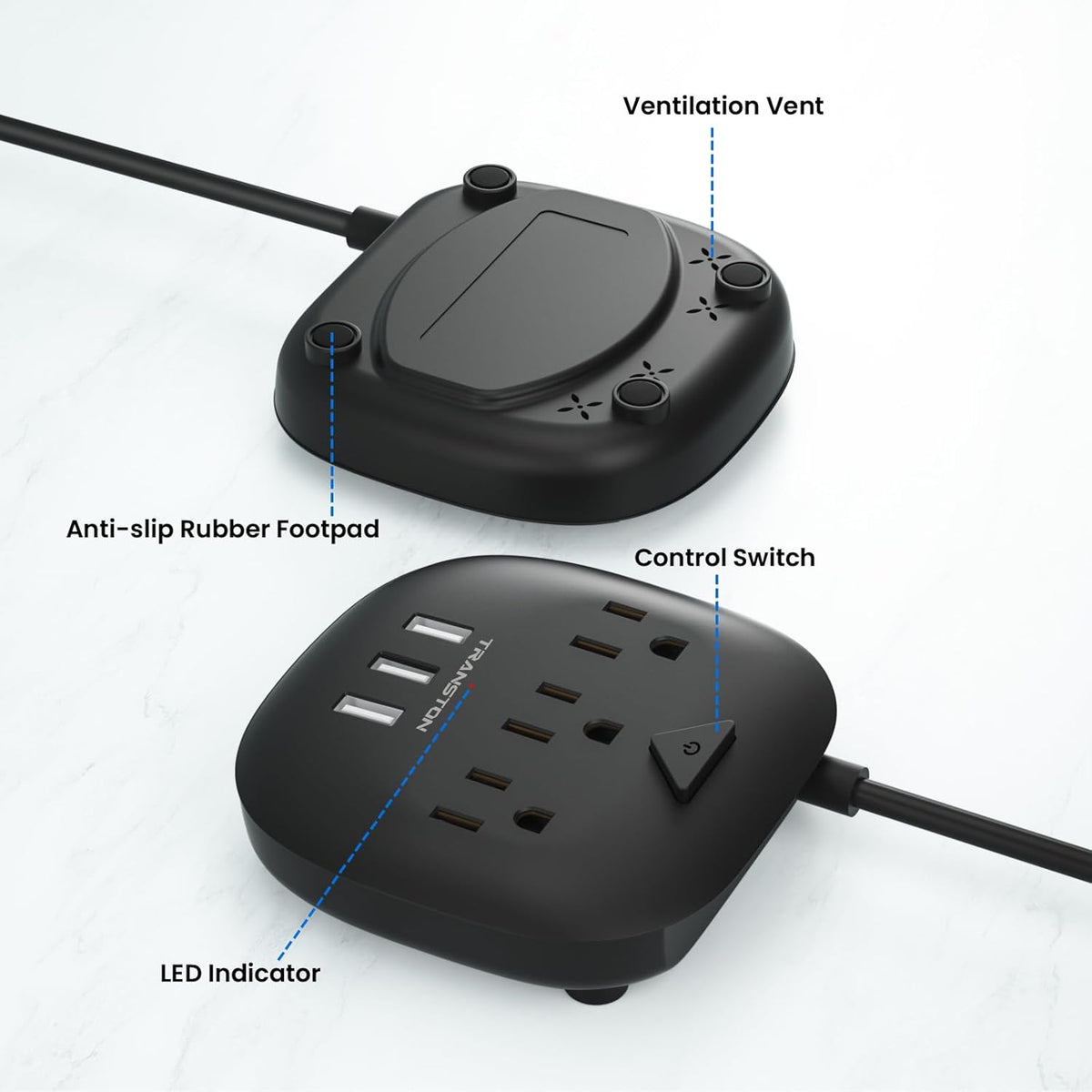 Power Strip with 3 Outlets and 3 USB Ports, Switch Control, 5 Ft Extension Cord, Compact Desktop Charging Station for Nightstand, Office, and Travel - Black