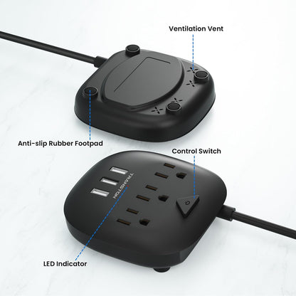 Power Strip with 3 Outlets and 3 USB Ports, Switch Control, 5 Ft Extension Cord, Compact Desktop Charging Station for Nightstand, Office, and Travel - Black