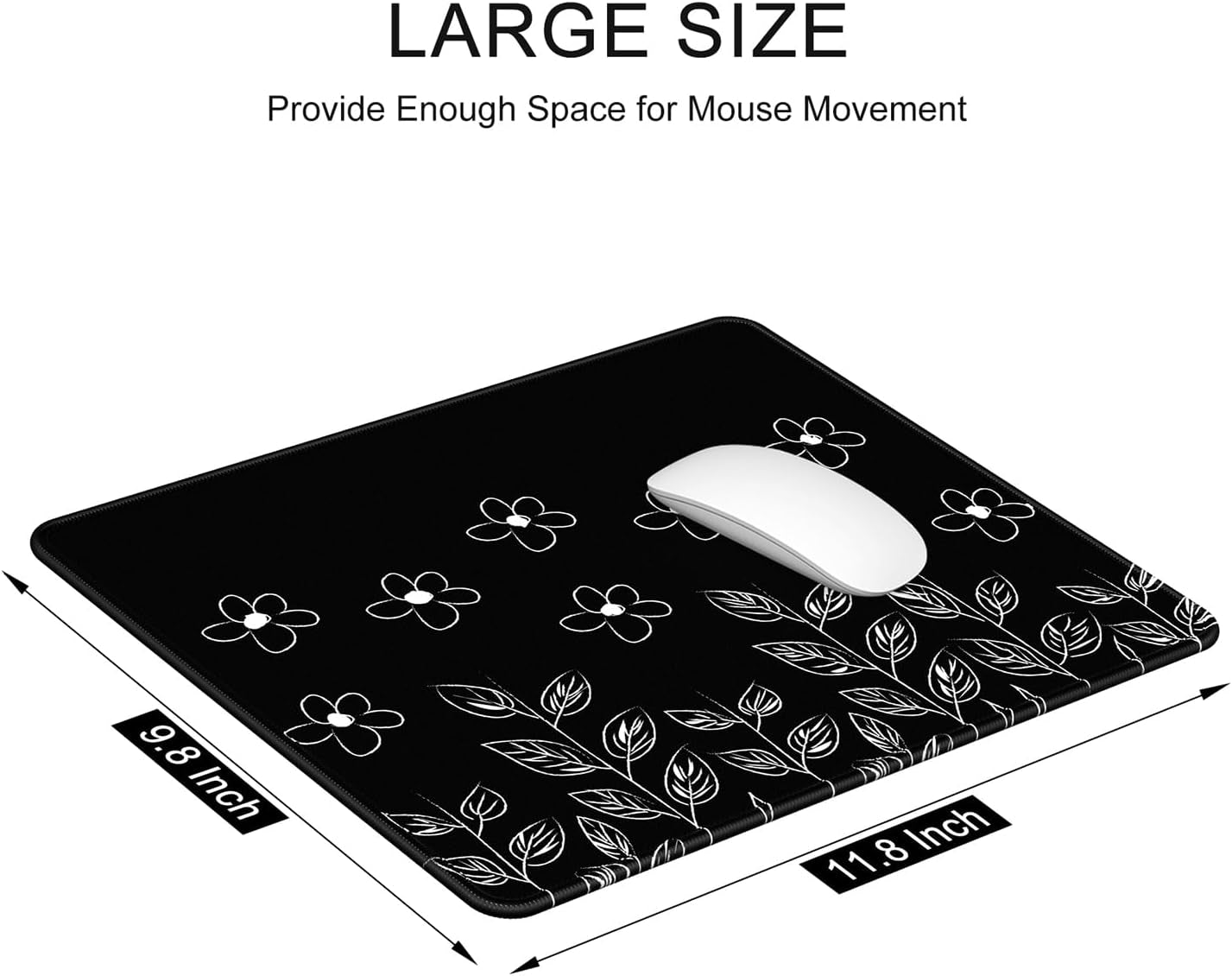 Premium Flower-Themed Mouse Pad, 12 x 10 inches, Non-Slip Rubber with Stitched Edges, Waterproof Square Mat for Gaming and Work, Compatible with Wireless Mice, Black