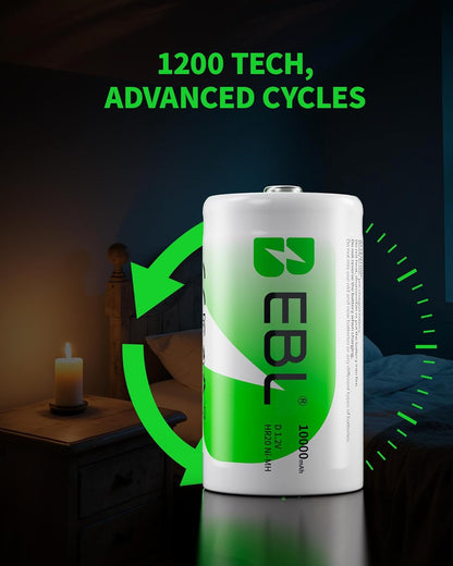 D Cell 10,000mAh Ultra Pro Ni-MH Rechargeable Batteries, 4-Pack | Compatible with Flashlights, Radios, and Portable Speakers | Mercury-Free, 1200 Charge Cycles