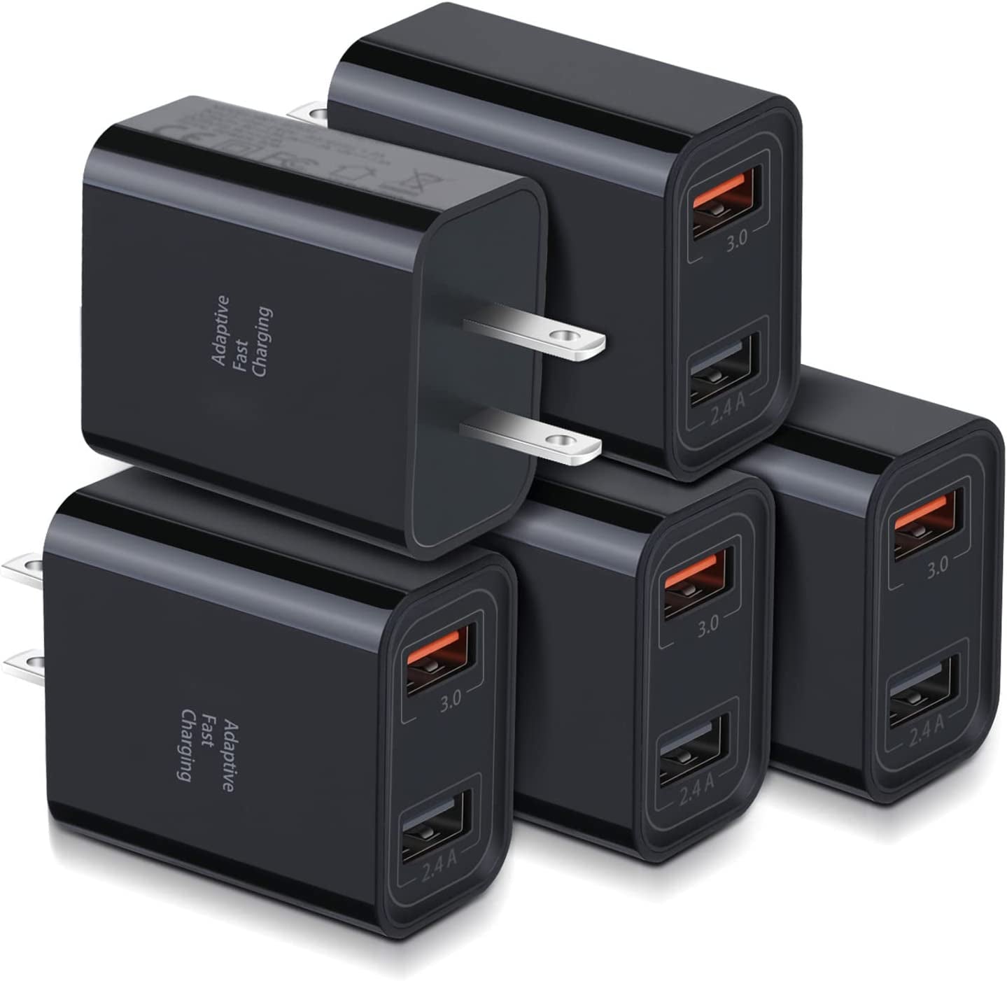 30W Dual USB Wall Charger - 5 Pack, Quick Charge 3.0 & 5V 2.4A Adaptive Fast Charging Adapter for iPhone 11, XS, XR, Galaxy S10, S9, Note 10 - Black