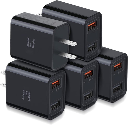 30W Dual USB Wall Charger - 5 Pack, Quick Charge 3.0 & 5V 2.4A Adaptive Fast Charging Adapter for iPhone 11, XS, XR, Galaxy S10, S9, Note 10 - Black