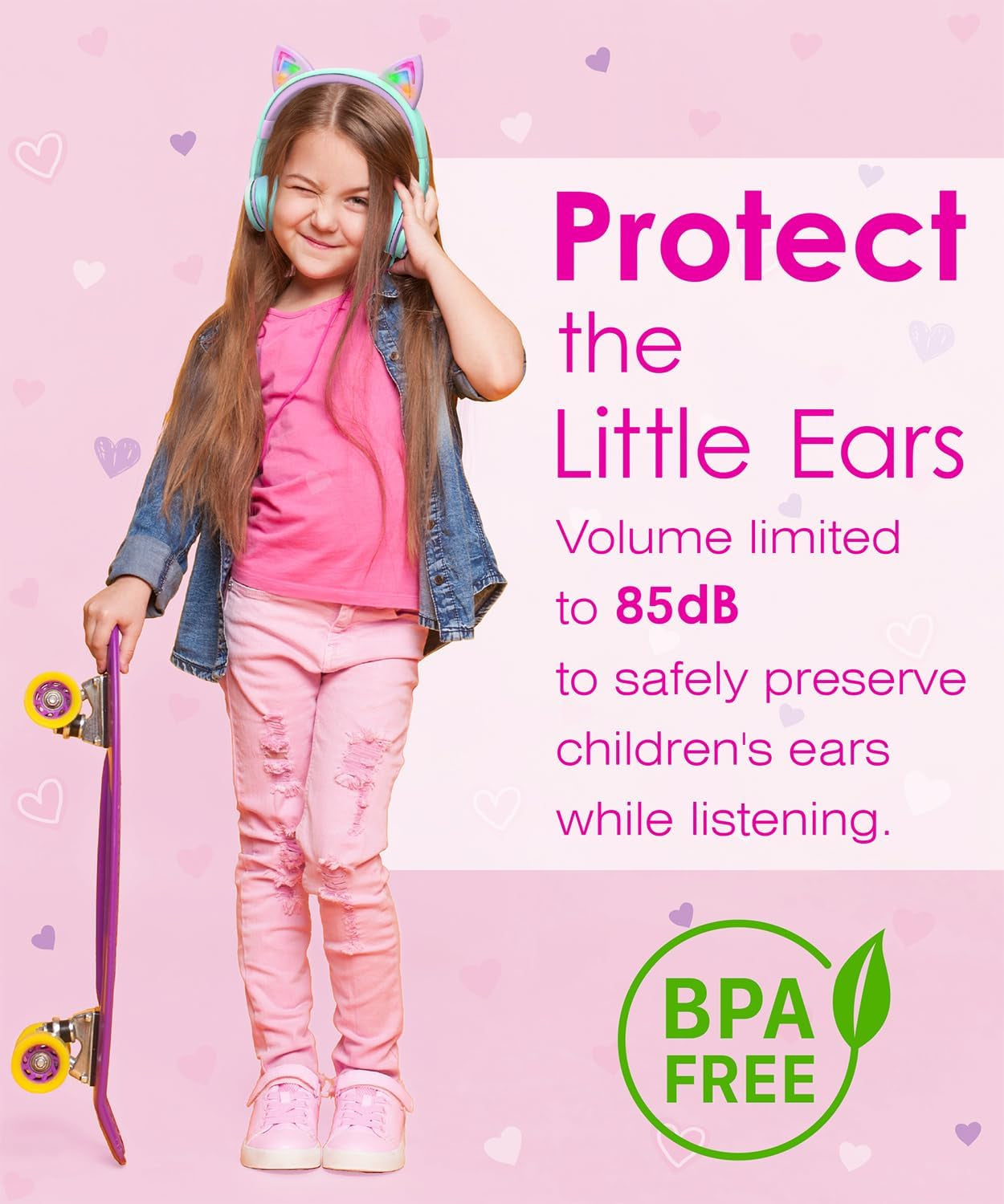 Children's Wired Headphones with LED Cat Ears (85dB Volume Limit), Soft On-Ear Design, Tangle-Free Cables for iPad/Tablet/School/Travel - Teal/Light Purple and Green Options