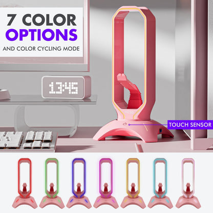 Elegant Pink Headphone Stand with RGB Lighting, Mouse Bungee Holder, and Dual USB Hub Charger - Premium Desk Gaming Accessories