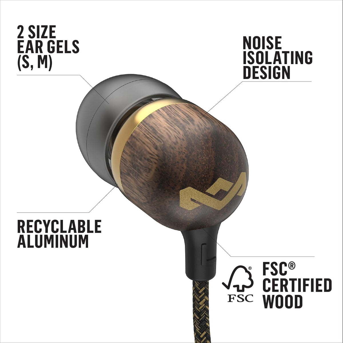 House of Smile Jamaica AUX Wired Earbuds with Microphone, Noise-Isolating In-Ear Headphones, Tangle-Resistant Cable, 3.5mm Jack - Sustainable Brass Design