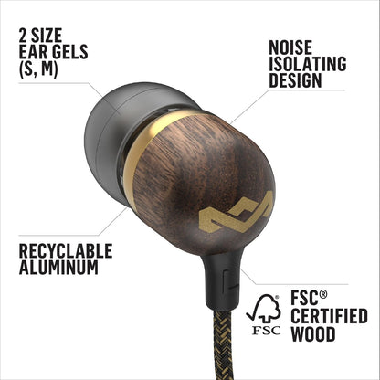 House of Smile Jamaica AUX Wired Earbuds with Microphone, Noise-Isolating In-Ear Headphones, Tangle-Resistant Cable, 3.5mm Jack - Sustainable Brass Design