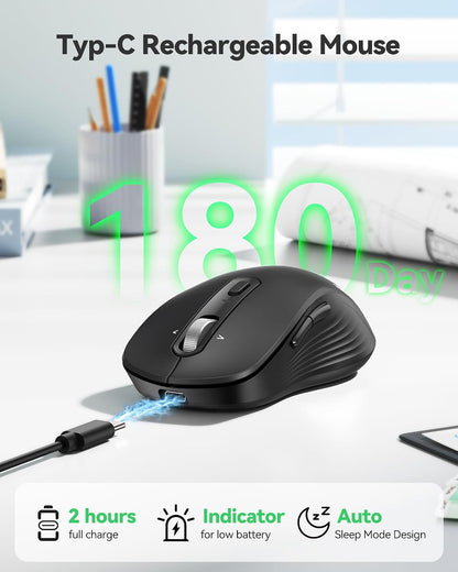 Rechargeable Wireless Bluetooth Mouse with 4-Way Wheel, Multi-Device Compatibility, 6-Level 4800 DPI, 180-Day Battery Life, Ergonomic Ambidextrous Design, Silent Operation for PC, Laptop, and MacBook