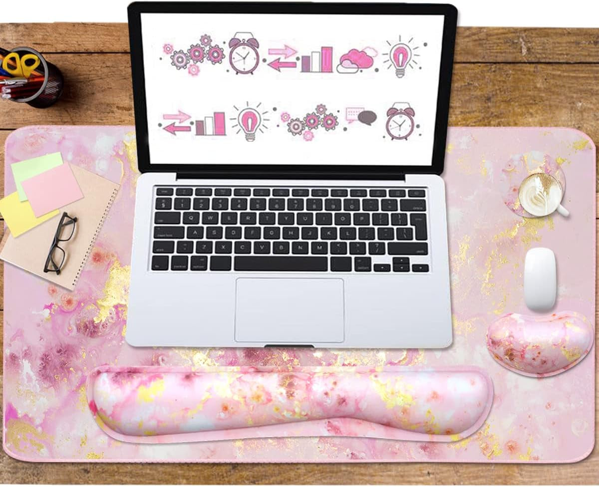 Extended Keyboard and Mouse Pad Set with Ergonomic Wrist Rest Support, Memory Foam Design, 3-Piece Desk Pad Set for Home Office, Study, and Gaming - Pink Gold Marble (35.4 x 15.7 inches)