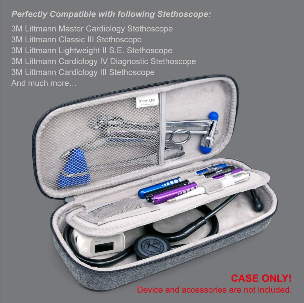 Premium Hard Stethoscope Case with ID Slot, Compatible with 3M Littmann, ADC, Omron, and MDF Stethoscopes, Featuring Mesh Pocket for Nurse Accessories (Volcanic Grey)