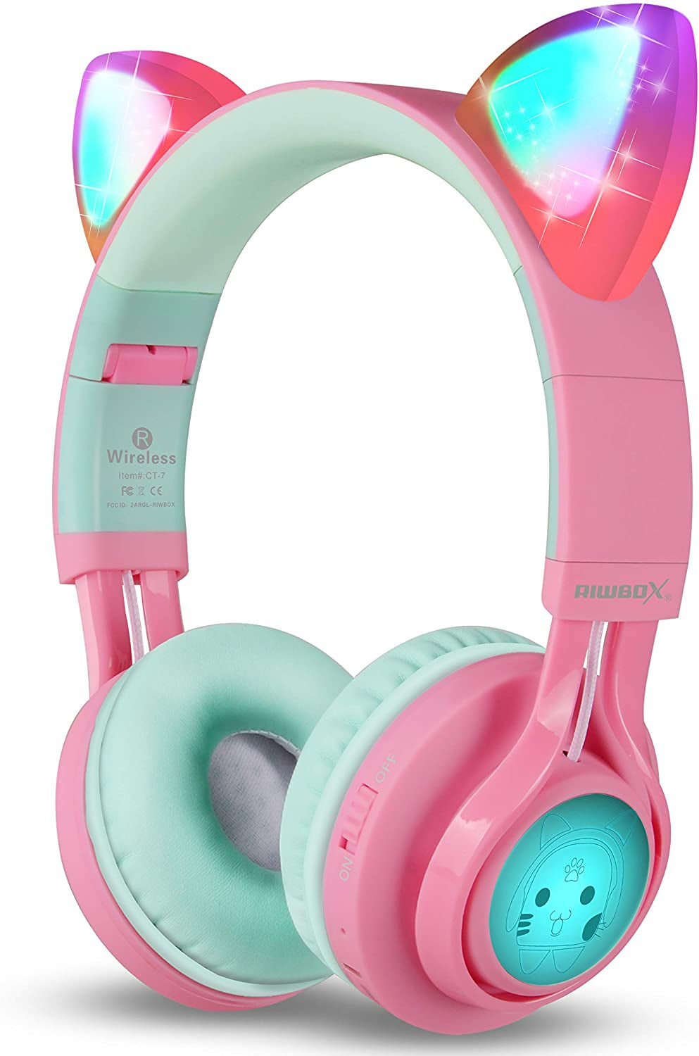 CT-7 Bluetooth Cat Ear Headphones for Kids with LED Lights, Wireless Over-Ear Design, Microphone, and Volume Control - Ideal for Travel, School, Smartphones, Laptops, and TVs (Pink & Green)