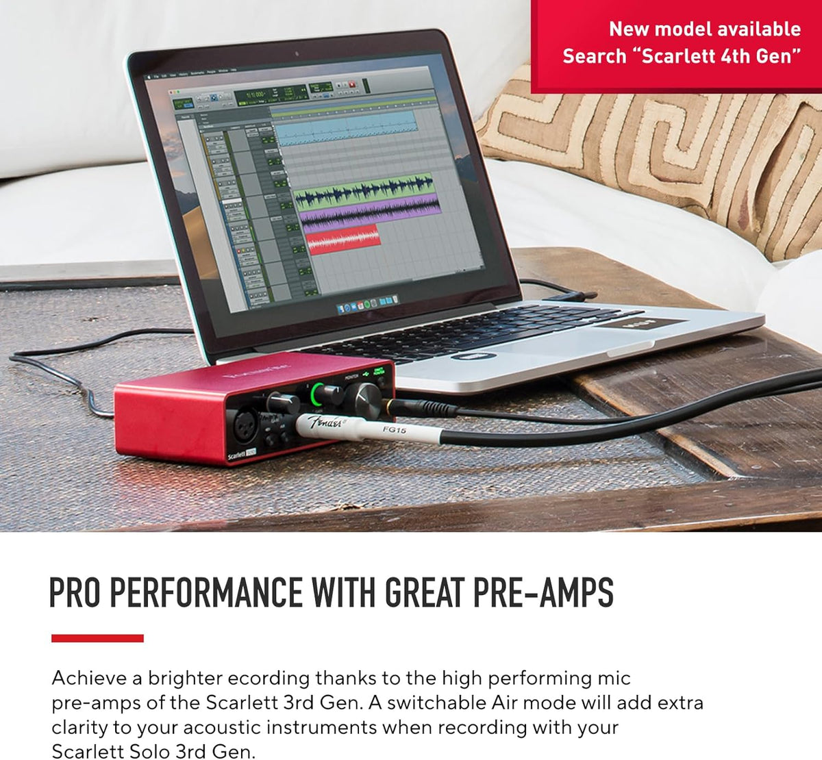 Scarlett Solo 3rd Generation USB Audio Interface for Musicians and Content Creators - Studio Quality Recording and Playback with XLR Mic Preamp, Hi-Z Instrument Input, 24-Bit/192kHz Resolution, 56dB Gain Range, Air Mode, Compatible with macOS, Windows, and iPadOS