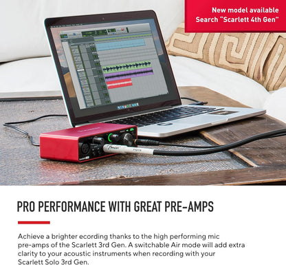 Scarlett Solo 3rd Generation USB Audio Interface for Musicians and Content Creators - Studio Quality Recording and Playback with XLR Mic Preamp, Hi-Z Instrument Input, 24-Bit/192kHz Resolution, 56dB Gain Range, Air Mode, Compatible with macOS, Windows, and iPadOS