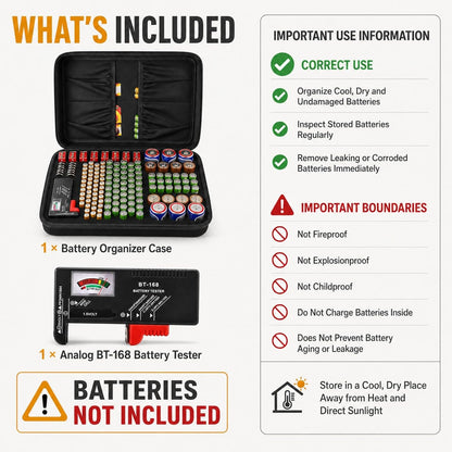 Battery Storage Case with Tester for 148+ AA AAA C D 9V Batteries, Hard-Shell Design with Carry Handle and Custom Foam Slots for Organization and Visibility in Home, Garage, or Office