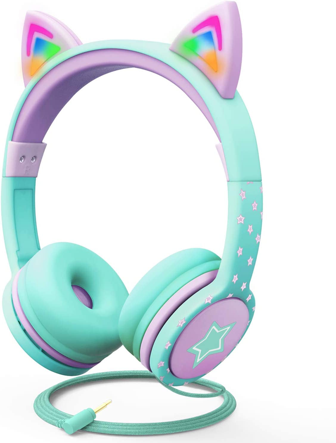 Children's Wired Headphones with LED Cat Ears (85dB Volume Limit), Soft On-Ear Design, Tangle-Free Cables for iPad/Tablet/School/Travel - Teal/Light Purple and Green Options