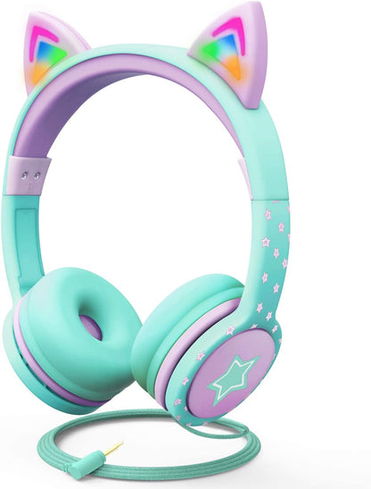Children's Wired Headphones with LED Cat Ears (85dB Volume Limit), Soft On-Ear Design, Tangle-Free Cables for iPad/Tablet/School/Travel - Teal/Light Purple and Green Options