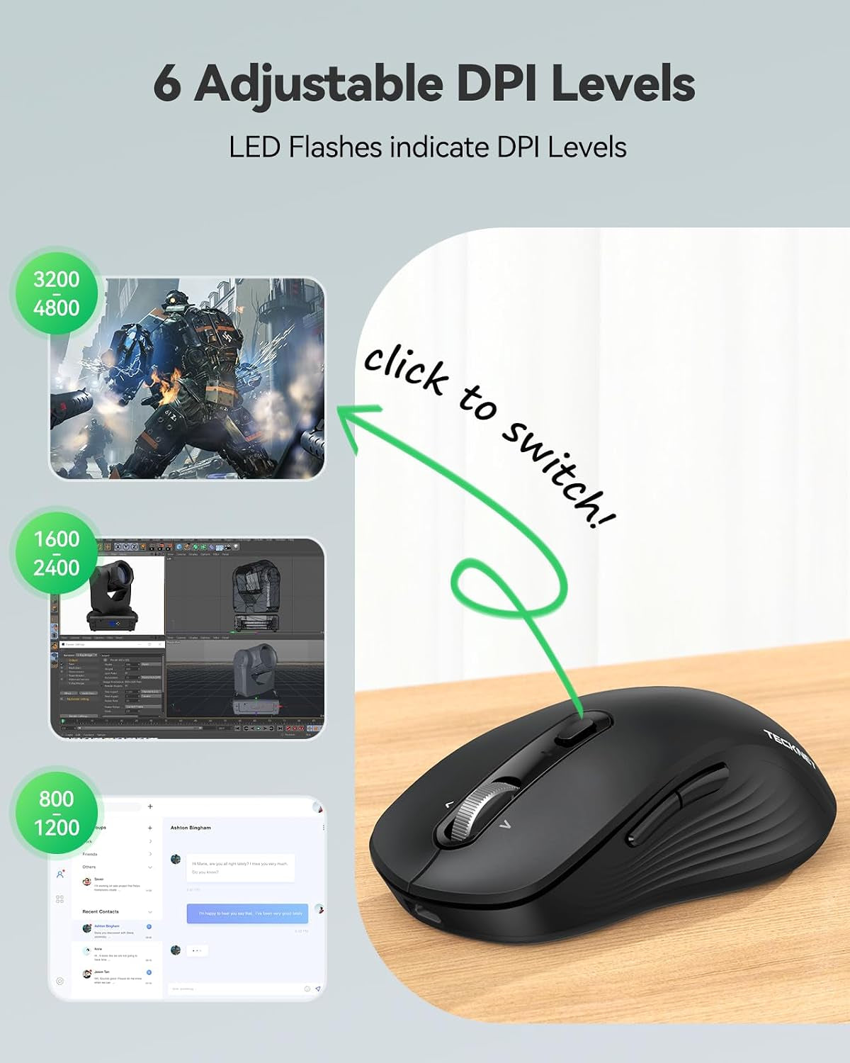 Rechargeable Wireless Bluetooth Mouse with 4-Way Wheel, Multi-Device Compatibility, 6-Level 4800 DPI, 180-Day Battery Life, Ergonomic Ambidextrous Design, Silent Operation for PC, Laptop, and MacBook