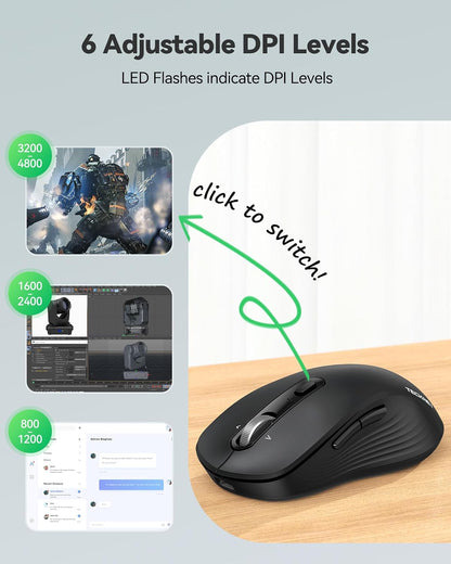 Rechargeable Wireless Bluetooth Mouse with 4-Way Wheel, Multi-Device Compatibility, 6-Level 4800 DPI, 180-Day Battery Life, Ergonomic Ambidextrous Design, Silent Operation for PC, Laptop, and MacBook