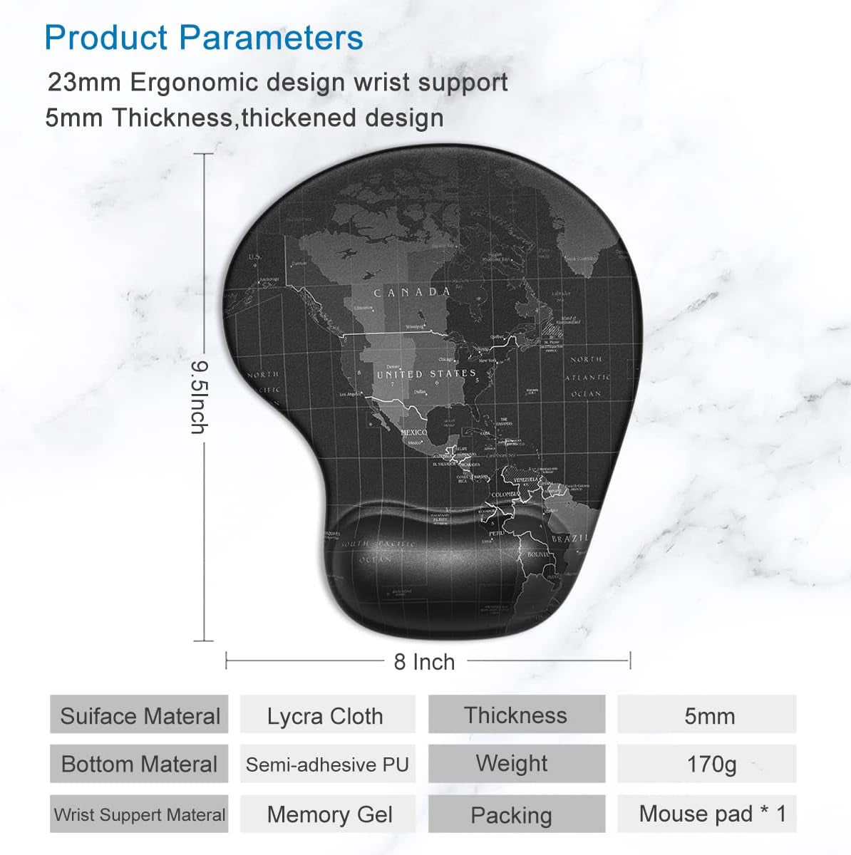 Ergonomic Mouse Pad with Gel Wrist Support - Compact Design, Smooth Surface, Non-Slip PU Base for Comfort and Pain Relief, 8.7 x 7.2 Inches, Map Pattern