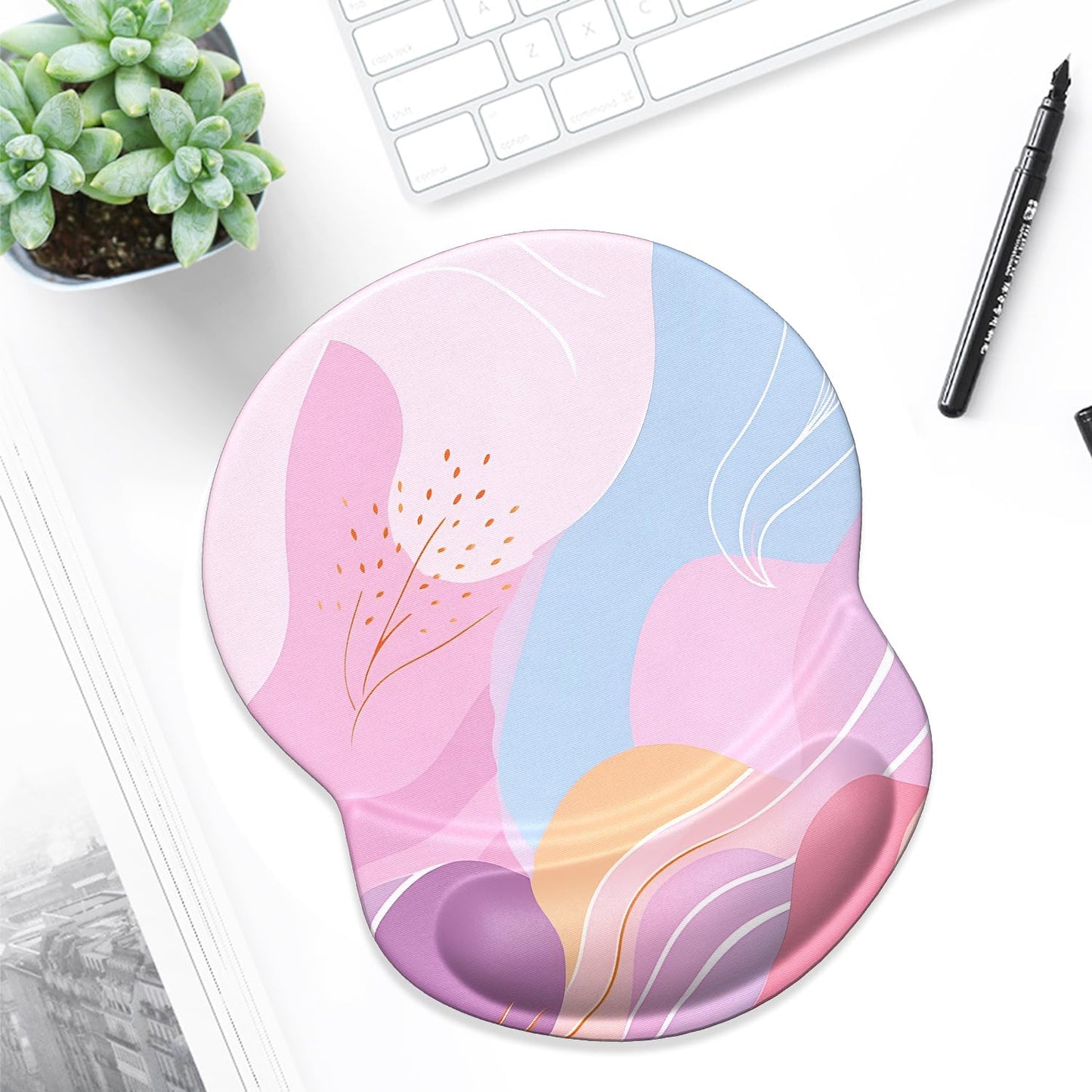 Ergonomic Mouse Pad with Gel Wrist Support Small Wrist Rest Smooth Surface Non-Slip PU Base Comfortable Office Supplies Pain Relief, 8.7 X 7.2 Inches, Art Style Pattern
