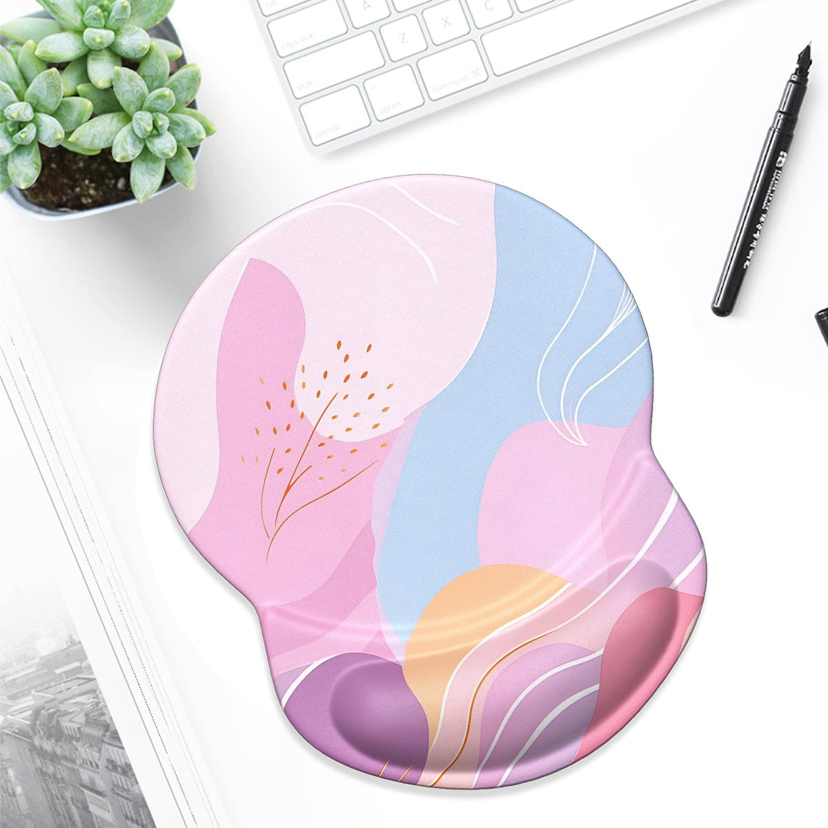 Ergonomic Mouse Pad with Gel Wrist Support Small Wrist Rest Smooth Surface Non-Slip PU Base Comfortable Office Supplies Pain Relief, 8.7 X 7.2 Inches, Art Style Pattern