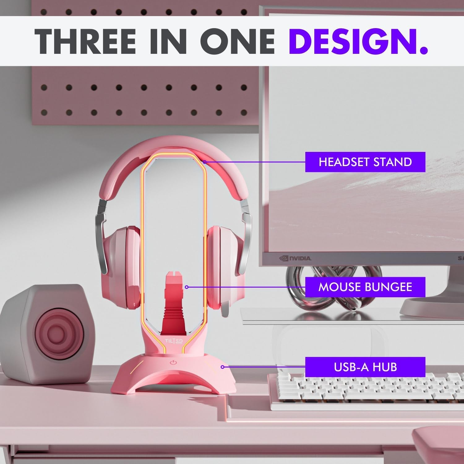 Elegant Pink Headphone Stand with RGB Lighting, Mouse Bungee Holder, and Dual USB Hub Charger - Premium Desk Gaming Accessories
