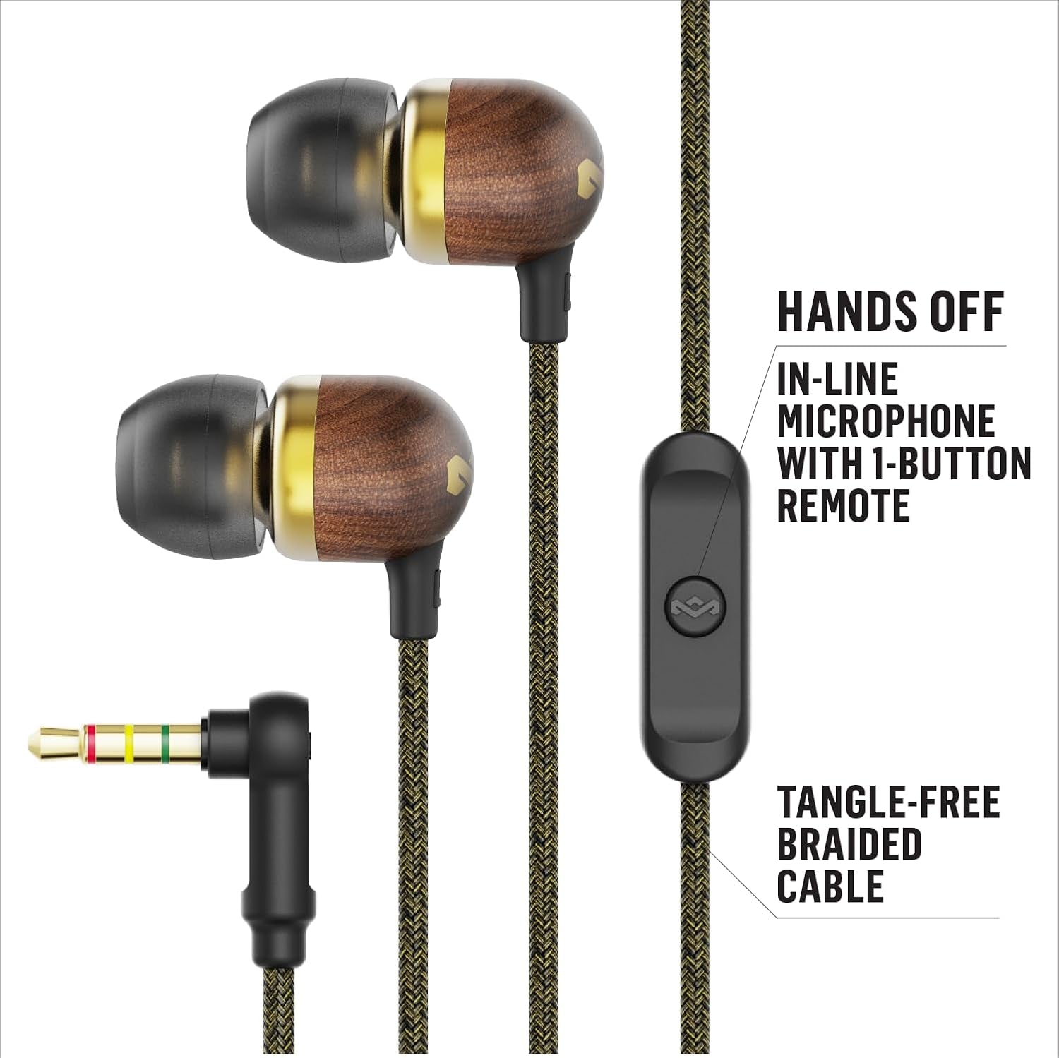 House of Smile Jamaica AUX Wired Earbuds with Microphone, Noise-Isolating In-Ear Headphones, Tangle-Resistant Cable, 3.5mm Jack - Sustainable Brass Design