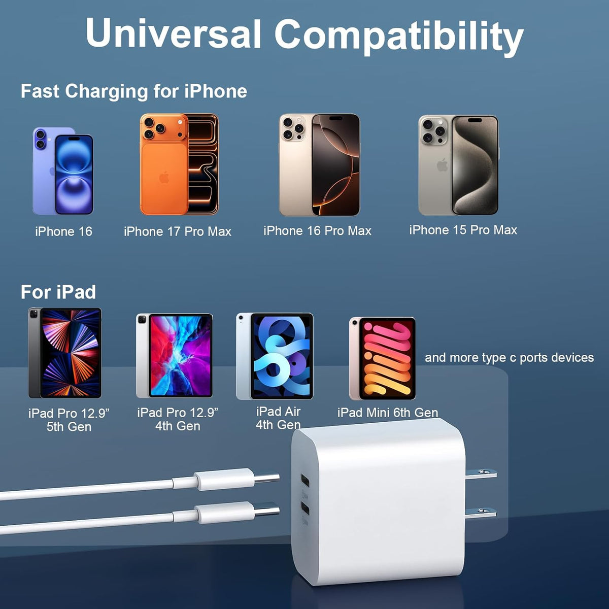 20W USB-C Charger Block with 12FT Fast Charging Cable for iPhone 17/16/15 Pro Max and Android Phones
