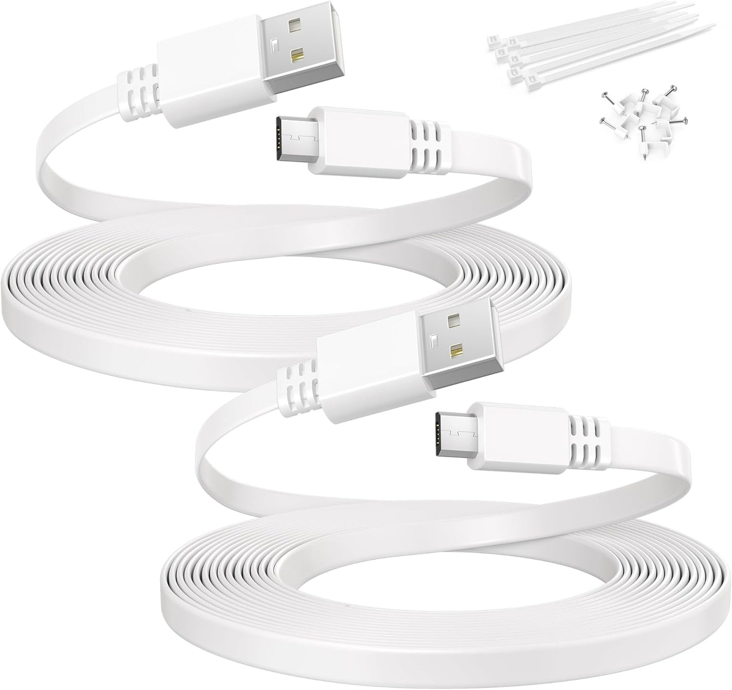 20FT/6M Flat USB A to Micro USB Power Extension Cable - 2 Pack, White | Long Charging Extender Cord for Security Cameras and Smart Home Devices including Blink Mini/Xt2, Wyze Cam V4/Og, Yi Home, Ring, Arlo, Eufy, Ezviz