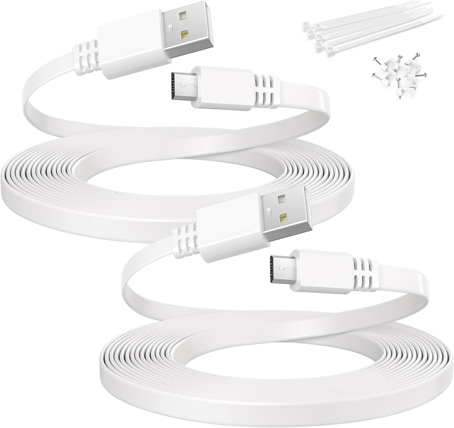 20FT/6M Flat USB A to Micro USB Power Extension Cable - 2 Pack, White | Long Charging Extender Cord for Security Cameras and Smart Home Devices including Blink Mini/Xt2, Wyze Cam V4/Og, Yi Home, Ring, Arlo, Eufy, Ezviz