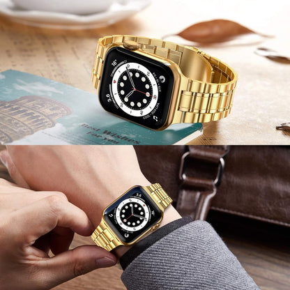 Stainless Steel Adjustable Bands for Apple Watch (45mm, 44mm, 42mm) with Soft TPU Case - Compatible with Series 1-9 and SE Models, Gold Finish for Men and Women