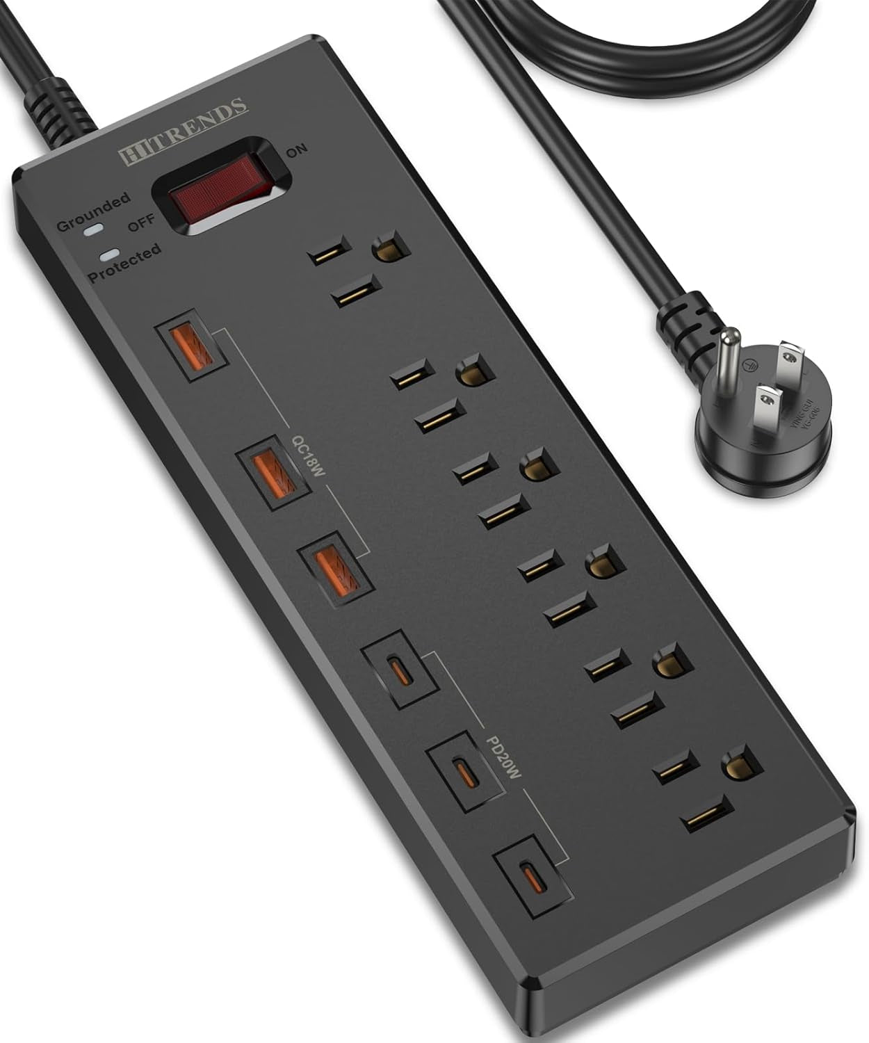 Surge Protector Power Strip with 6 AC Outlets and 6 USB Ports (3 USB-C & 3 USB-A), 20W PD Fast Charging, 6 Ft Flat Plug Extension Cord, 1625W/13A, Ideal for Home and Office Use