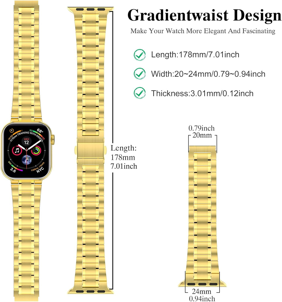 Stainless Steel Adjustable Bands for Apple Watch (45mm, 44mm, 42mm) with Soft TPU Case - Compatible with Series 1-9 and SE Models, Gold Finish for Men and Women