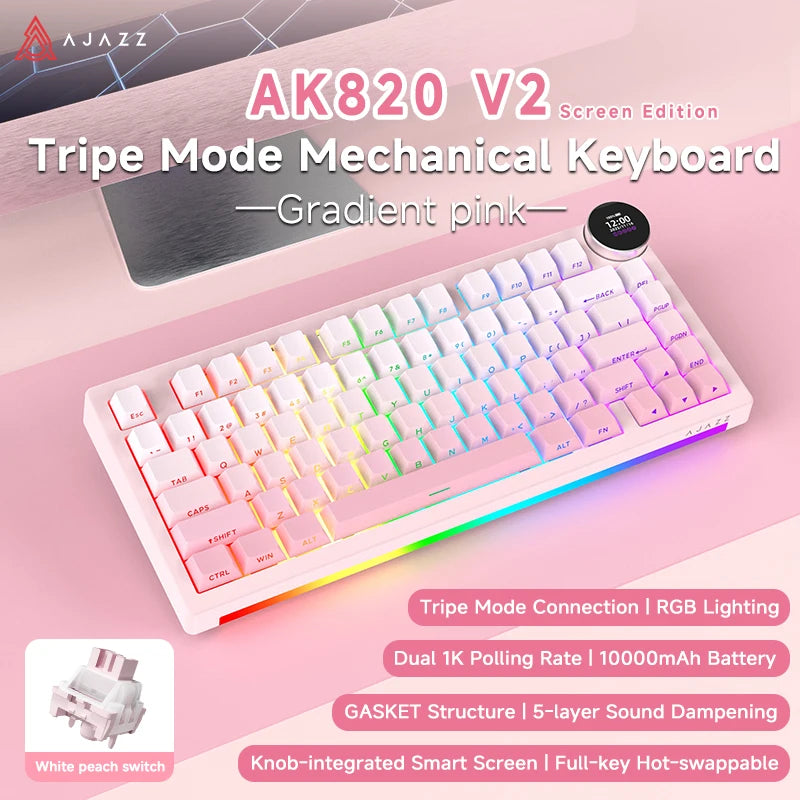 AK820V2/Ak820Vpro Multifunctional Mechanical Keyboard with Tri-Mode Connectivity and Wrist Rest