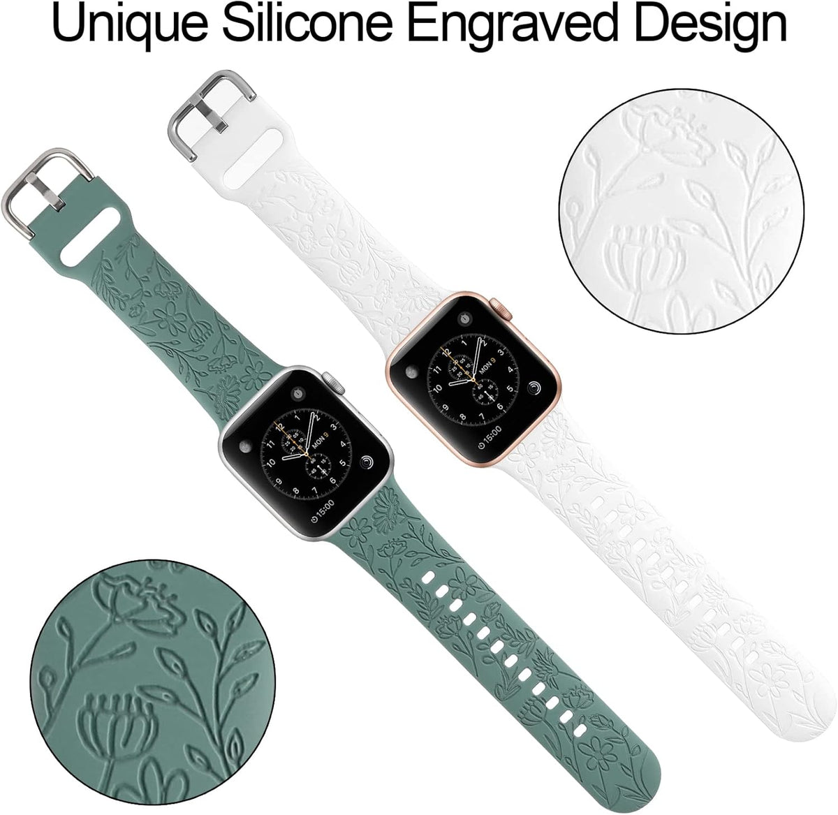 Set of 2 Floral Engraved Sport Bands for Apple Watch (38mm, 40mm, 41mm) | Women's Soft Silicone Replacement Wristbands for Series 1-11 and SE
