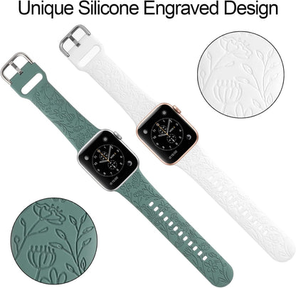Set of 2 Floral Engraved Sport Bands for Apple Watch (38mm, 40mm, 41mm) | Women's Soft Silicone Replacement Wristbands for Series 1-11 and SE