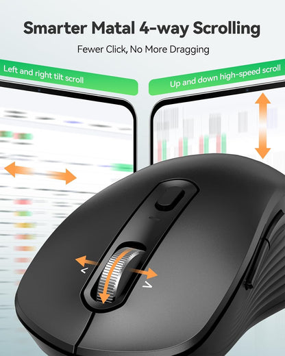 Rechargeable Wireless Bluetooth Mouse with 4-Way Wheel, Multi-Device Compatibility, 6-Level 4800 DPI, 180-Day Battery Life, Ergonomic Ambidextrous Design, Silent Operation for PC, Laptop, and MacBook