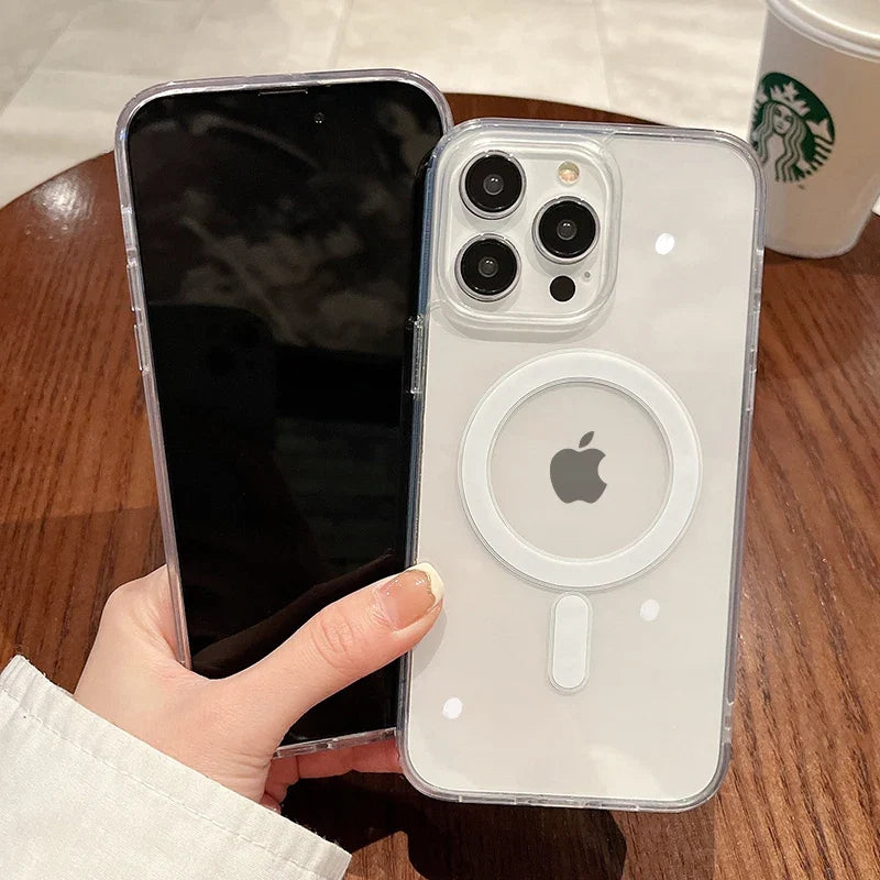 MagSafe-Compatible Transparent Wireless Charging Case for iPhone 11-17 and AirPods Pro Max Plus Mini - Shockproof PC Cover
