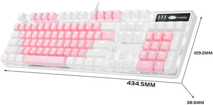 Mechanical Gaming Keyboard with Upgraded Blue Switches, 104 Keys, White Backlit, USB Wired for Laptops and Desktops - Ideal for PC Gamers (White & Pink)