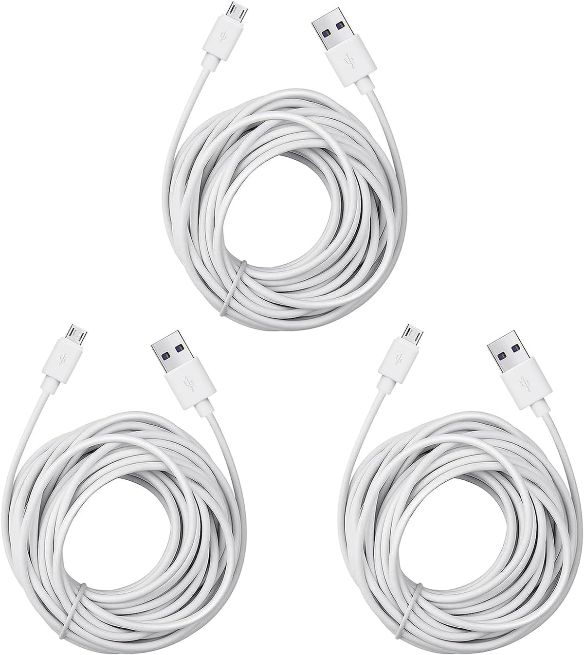 Micro USB Extension Cable Replacement for Wyze Cam V3 or Pan V2, Yi Outdoor Camera - Long Power Cord 25 Ft, White, 3-Pack