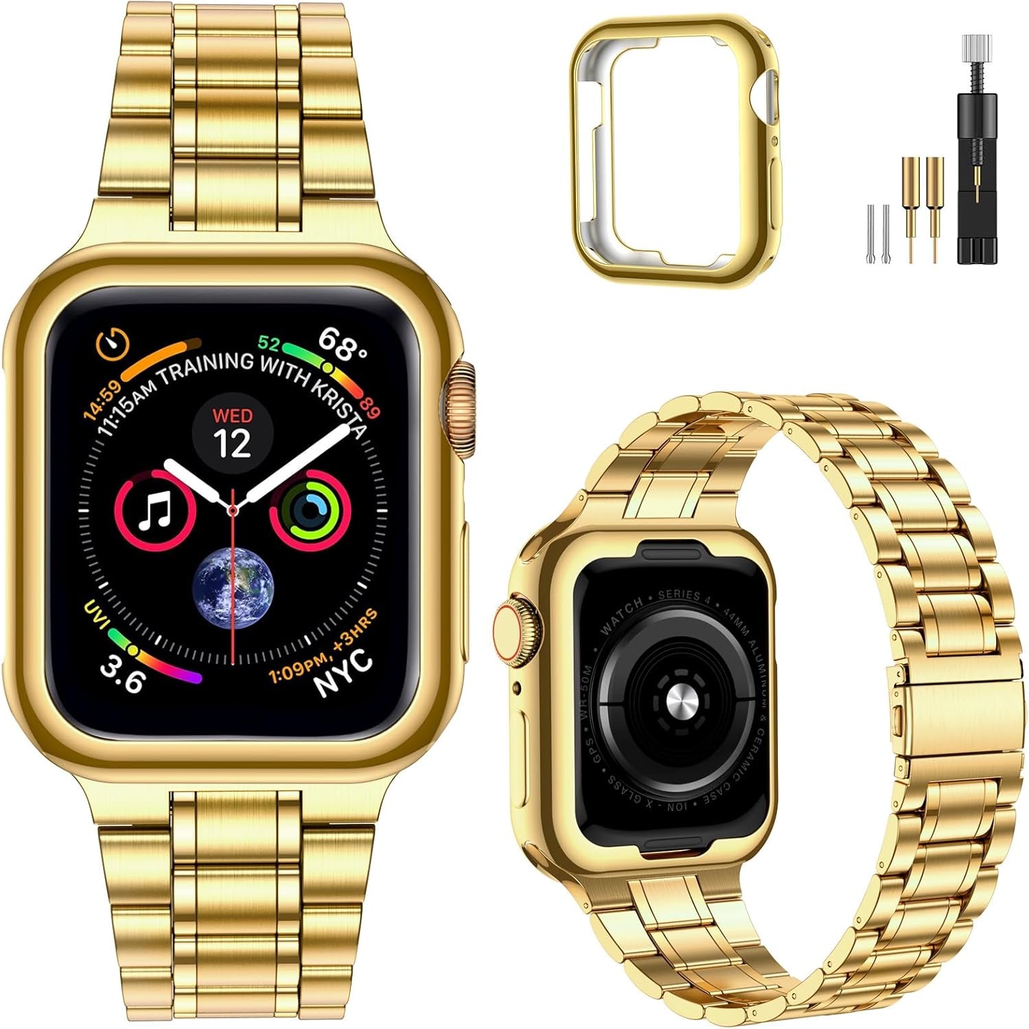 Stainless Steel Adjustable Bands for Apple Watch (45mm, 44mm, 42mm) with Soft TPU Case - Compatible with Series 1-9 and SE Models, Gold Finish for Men and Women
