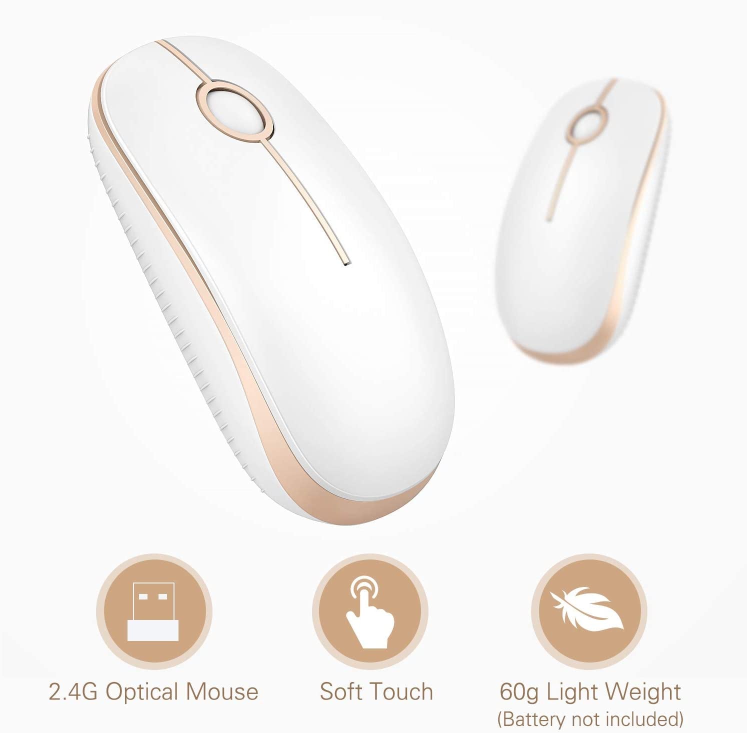Wireless 2.4G Slim Optical Mouse in White and Gold | Portable Plug & Play USB Nano Receiver, Silent Operation for Notebooks, PCs, Laptops, Windows, and Mac