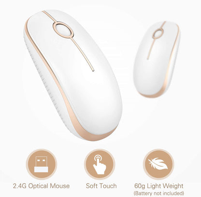 Wireless 2.4G Slim Optical Mouse in White and Gold | Portable Plug & Play USB Nano Receiver, Silent Operation for Notebooks, PCs, Laptops, Windows, and Mac