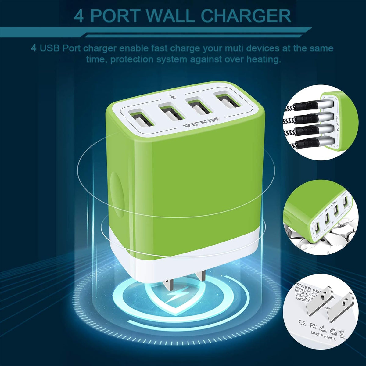 Wall Charger, USB Charger Adapter, 4.8A 4Multi Port Fast Charging Station | Power Base Block Plug Cube Brick for Iphone, Ipad, Samsung Galaxy, Moto, Google Pixel, Kindle Fire Plug Cargador Carro