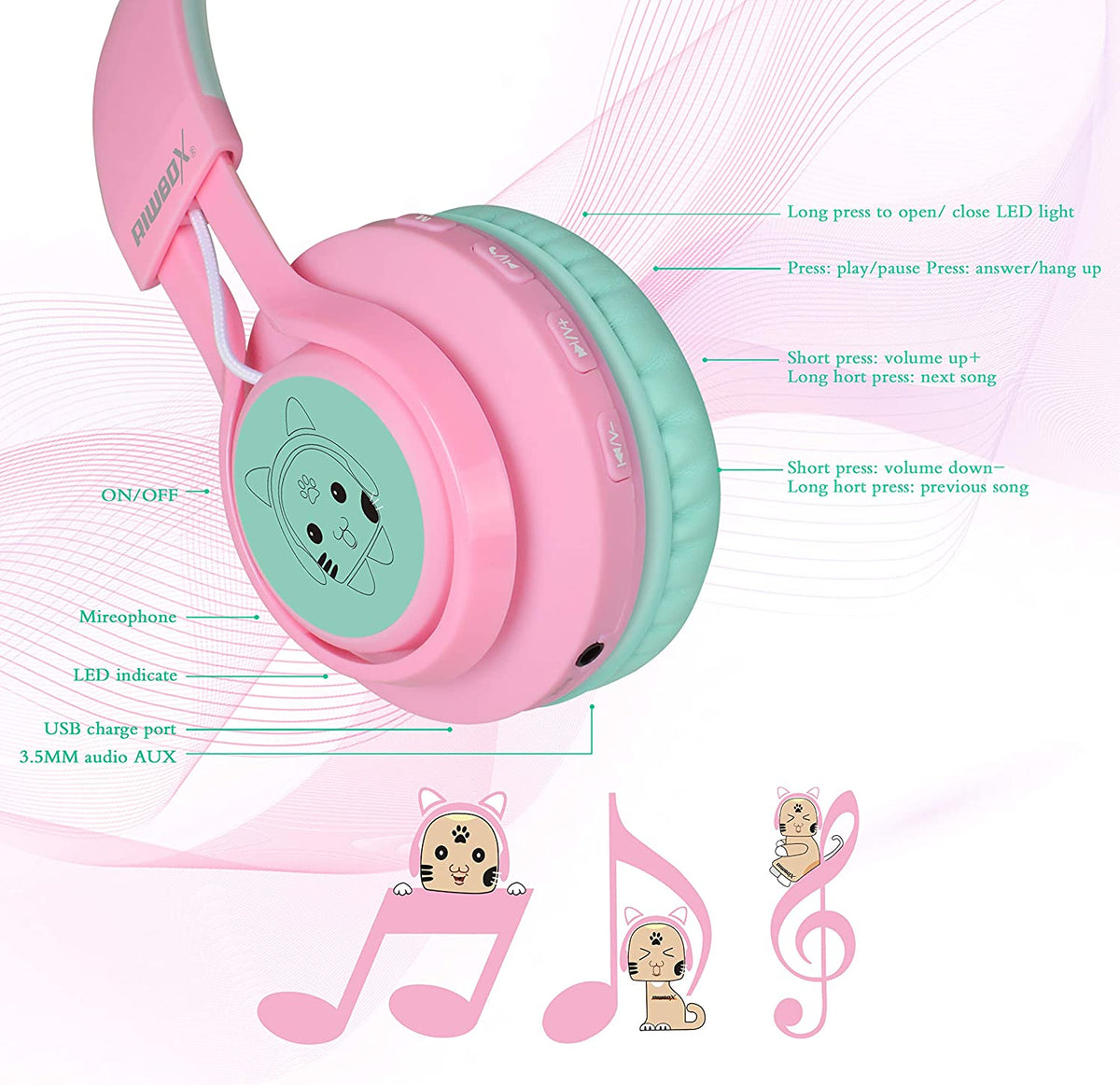 CT-7 Bluetooth Cat Ear Headphones for Kids with LED Lights, Wireless Over-Ear Design, Microphone, and Volume Control - Ideal for Travel, School, Smartphones, Laptops, and TVs (Pink & Green)