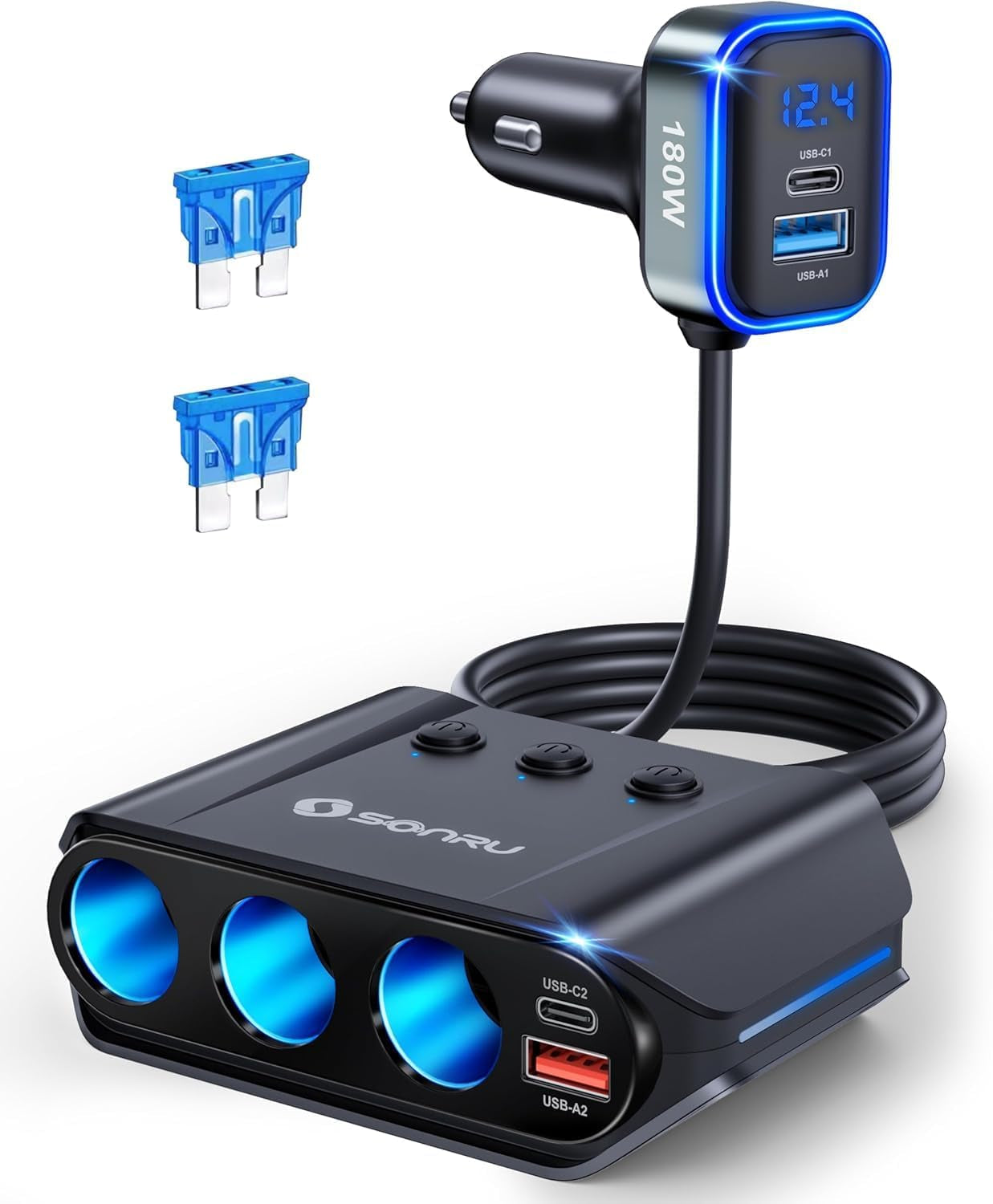 7-in-1 Car Cigarette Lighter Splitter, 180W (Max 192W) 3-Socket Adapter with Dual PD 36W/QC3.0 Fast Charging, 3.7FT Cable, 12V/24V Independent Switches & LED Voltage Display
