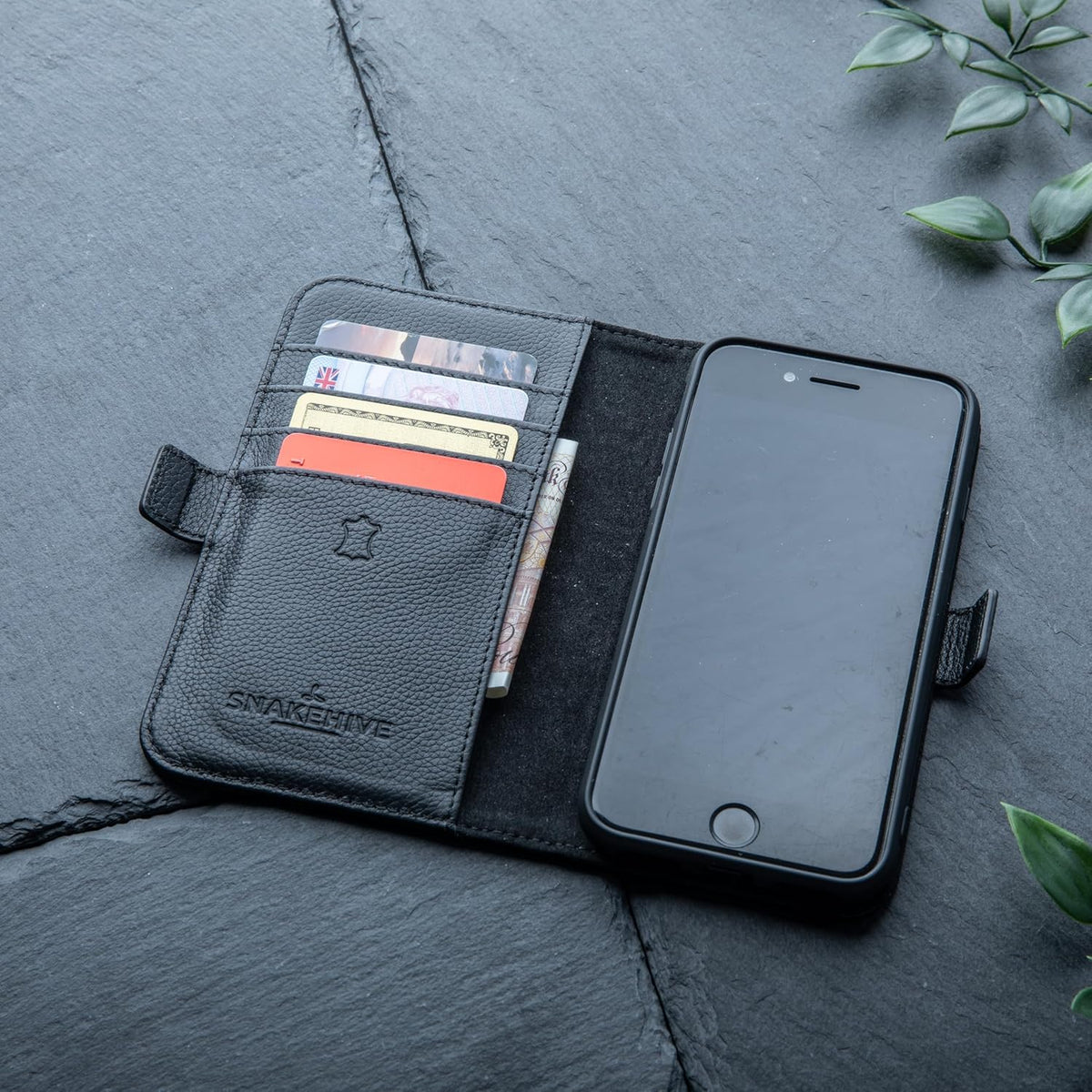 Genuine Leather Wallet Case for iPhone SE (2022/2020) – Flip Cover with Card Slots and Stand in Dappled Black